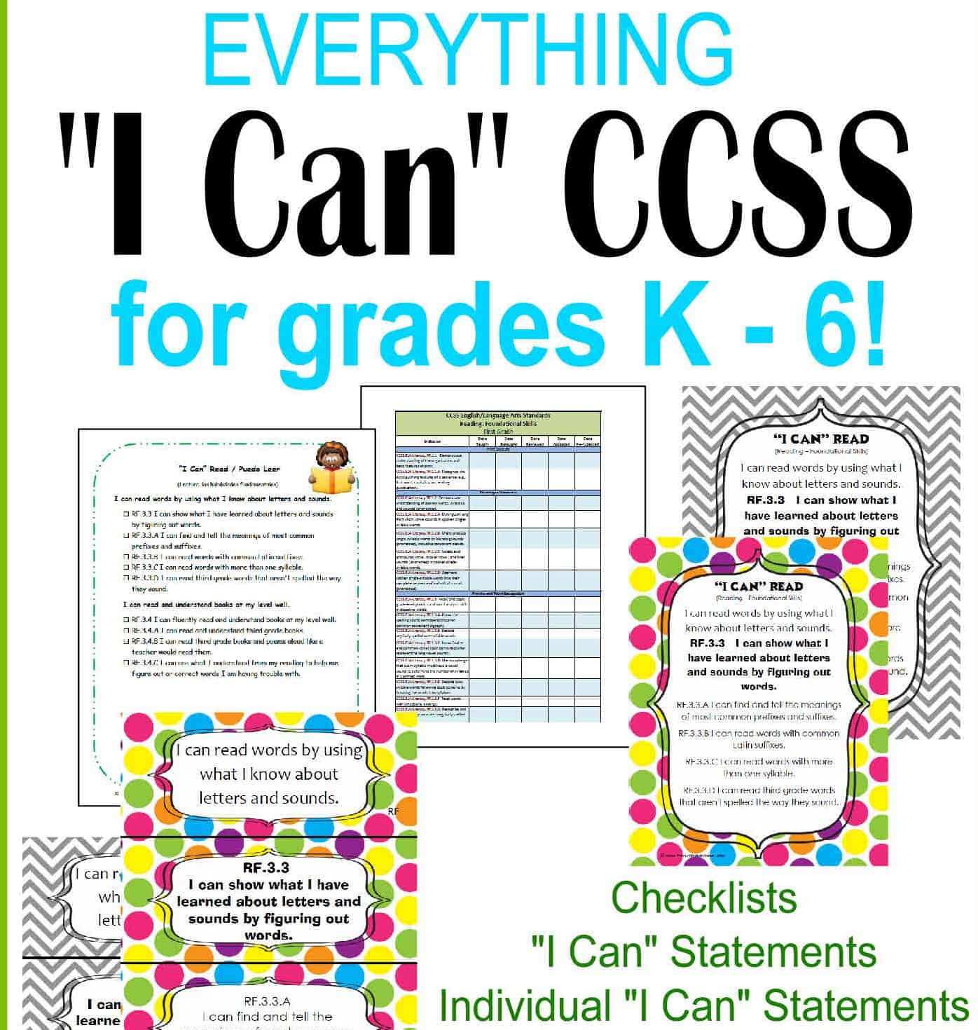 Common Core I Can Statements for kindergarten, 1st, 2nd, 3rd, 4th, 5th