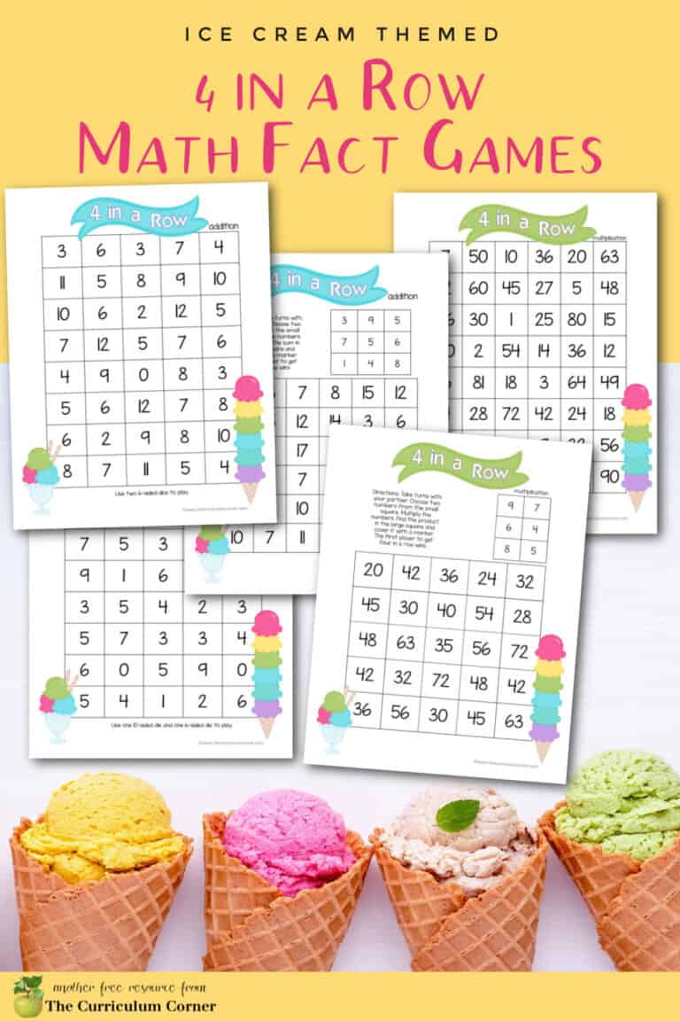 Printable 4 in a Row Math Games The Curriculum Corner 123