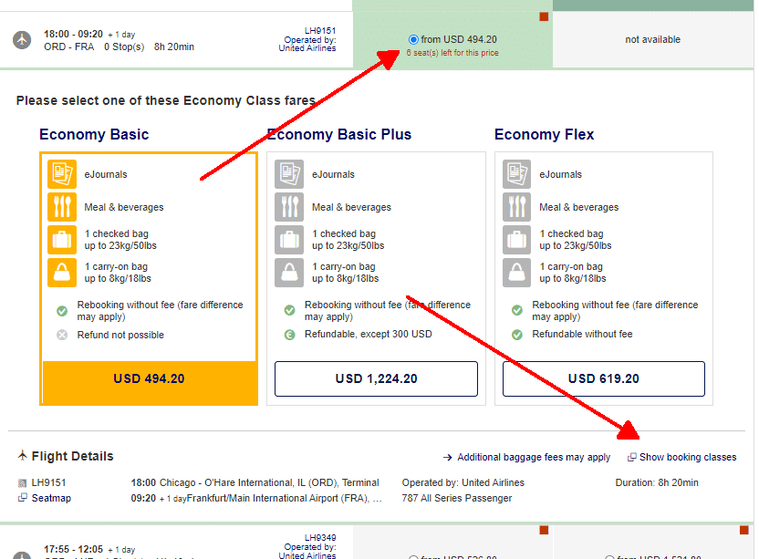 Lufthansa Economy Booking classes, fare types, miles, & baggage