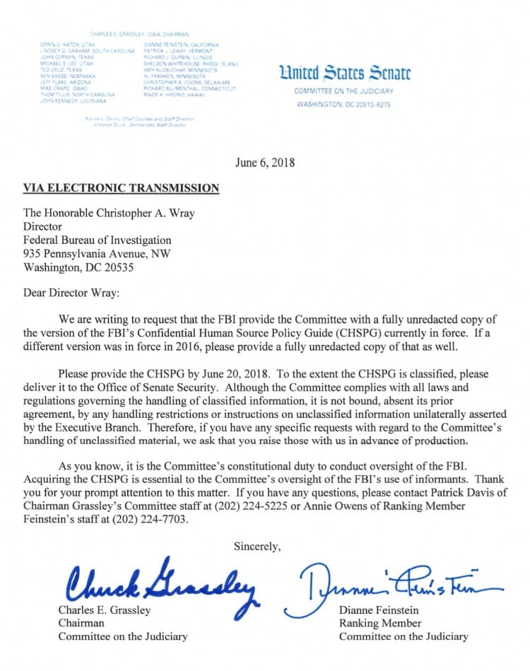 Grassley Sends Letter to Christopher Wray Demanding Unredacted Version