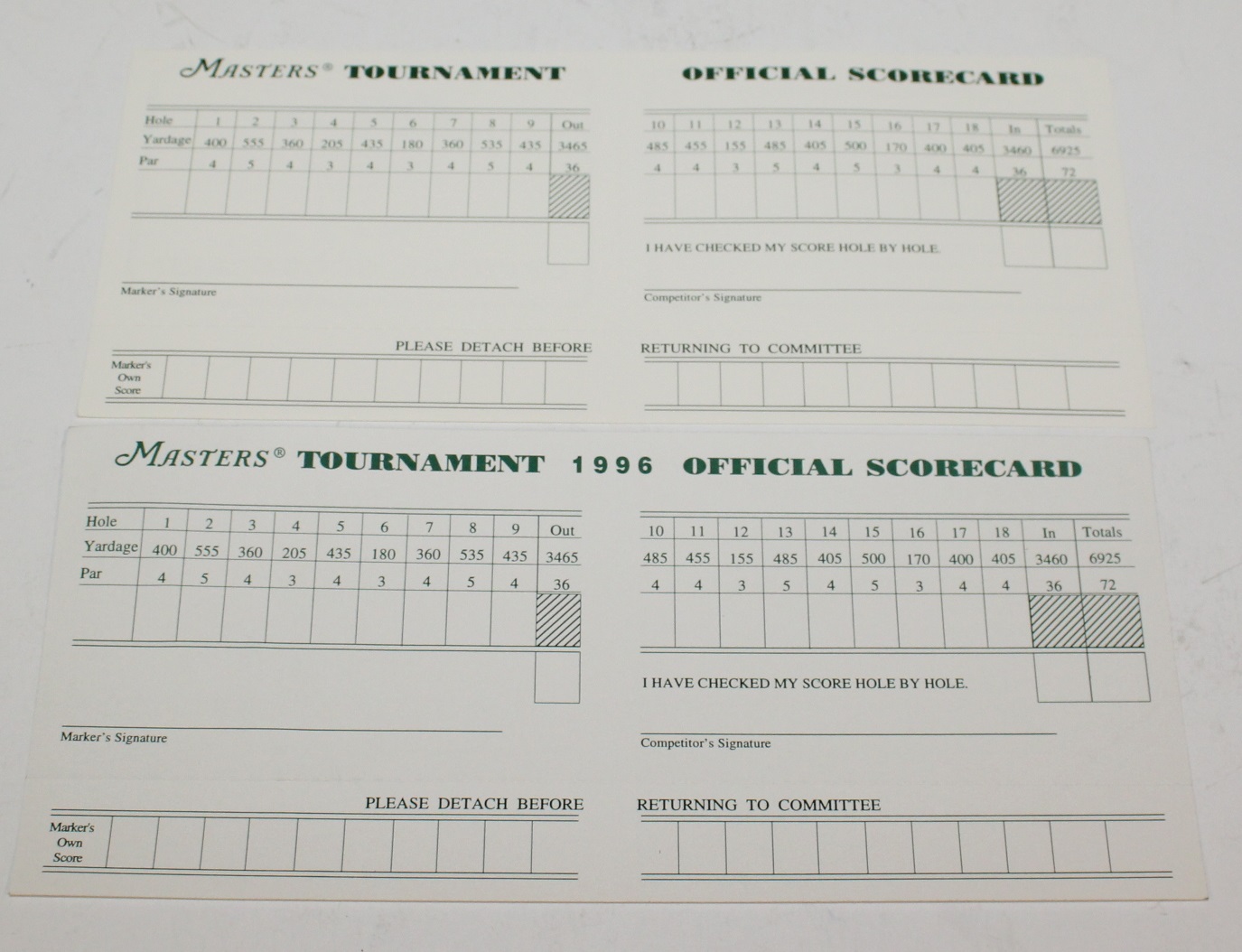 Lot Detail 1995 & 1996 Masters Tournament Official Scorecards Signed