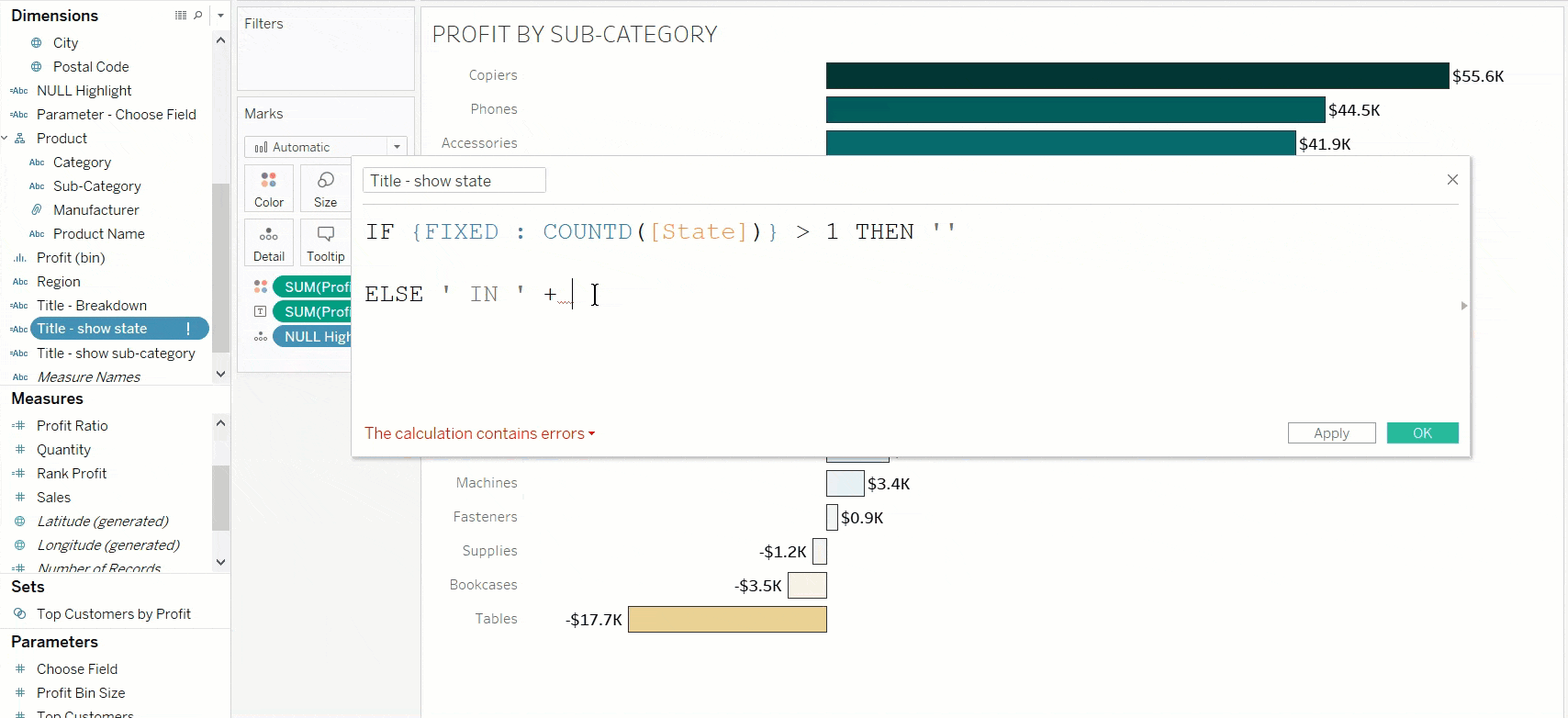 Tableau Use filter action fields to update sheet titles The