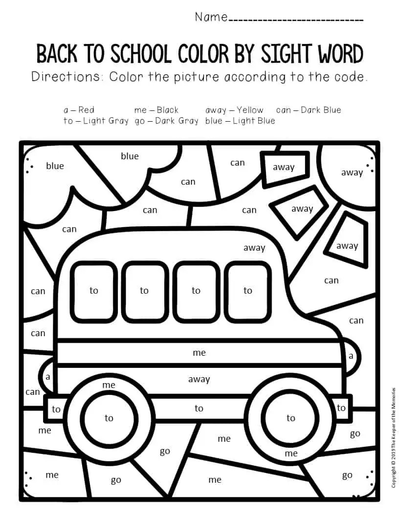 Color by Sight Word Back to School Preschool Worksheets The Keeper of