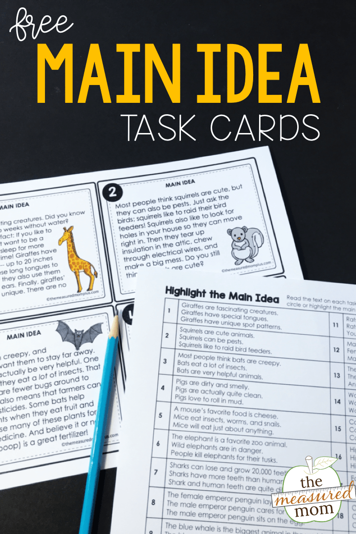 Main idea task cards The Measured Mom