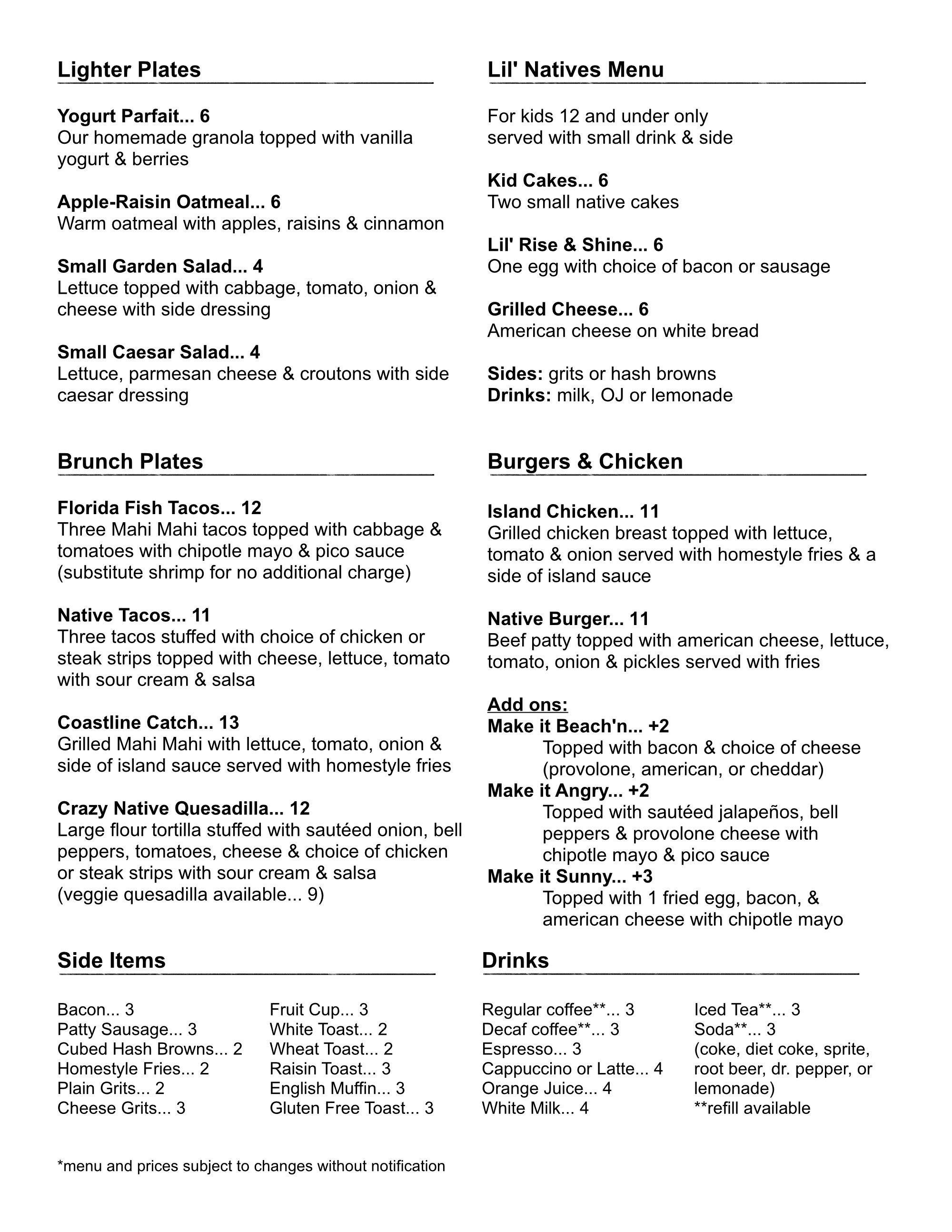 Breakfast Menu and Brunch Menu Native Cafe Pensacola Beach, FL