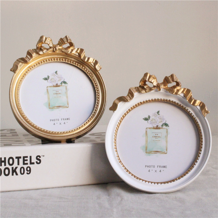 Round Golden Picture Frame with Bow Embellishment Aesthetic Decor Shop