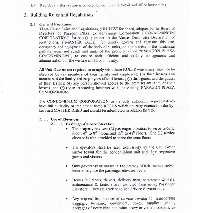 House Rules & Regulations for Residentials Paragon Plaza Condominium