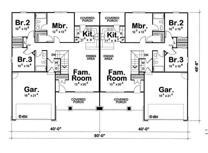 Ranch Duplex Plan with 3 Bedrooms, 1195 Sq Ft Per Unit 1201633