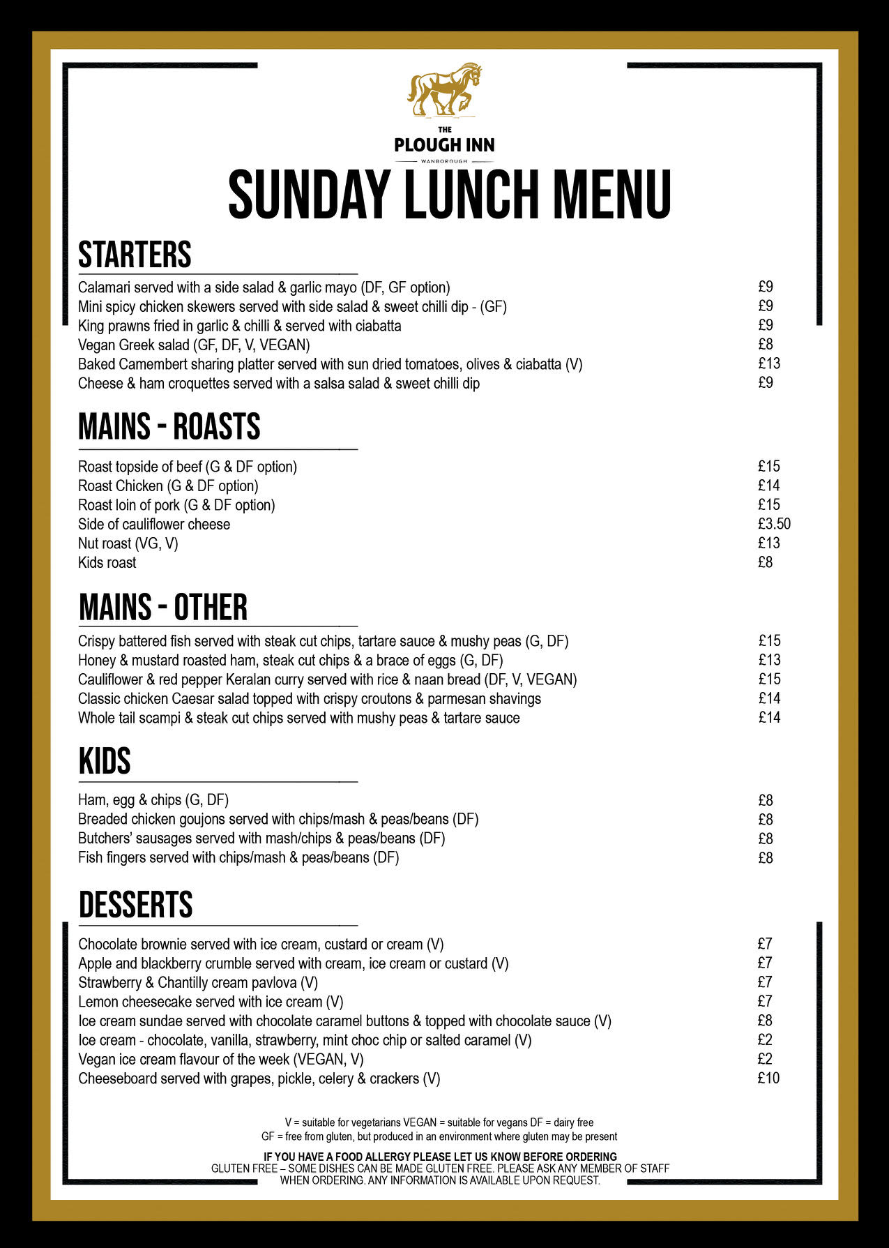 Sunday Lunch Menu The Plough Inn