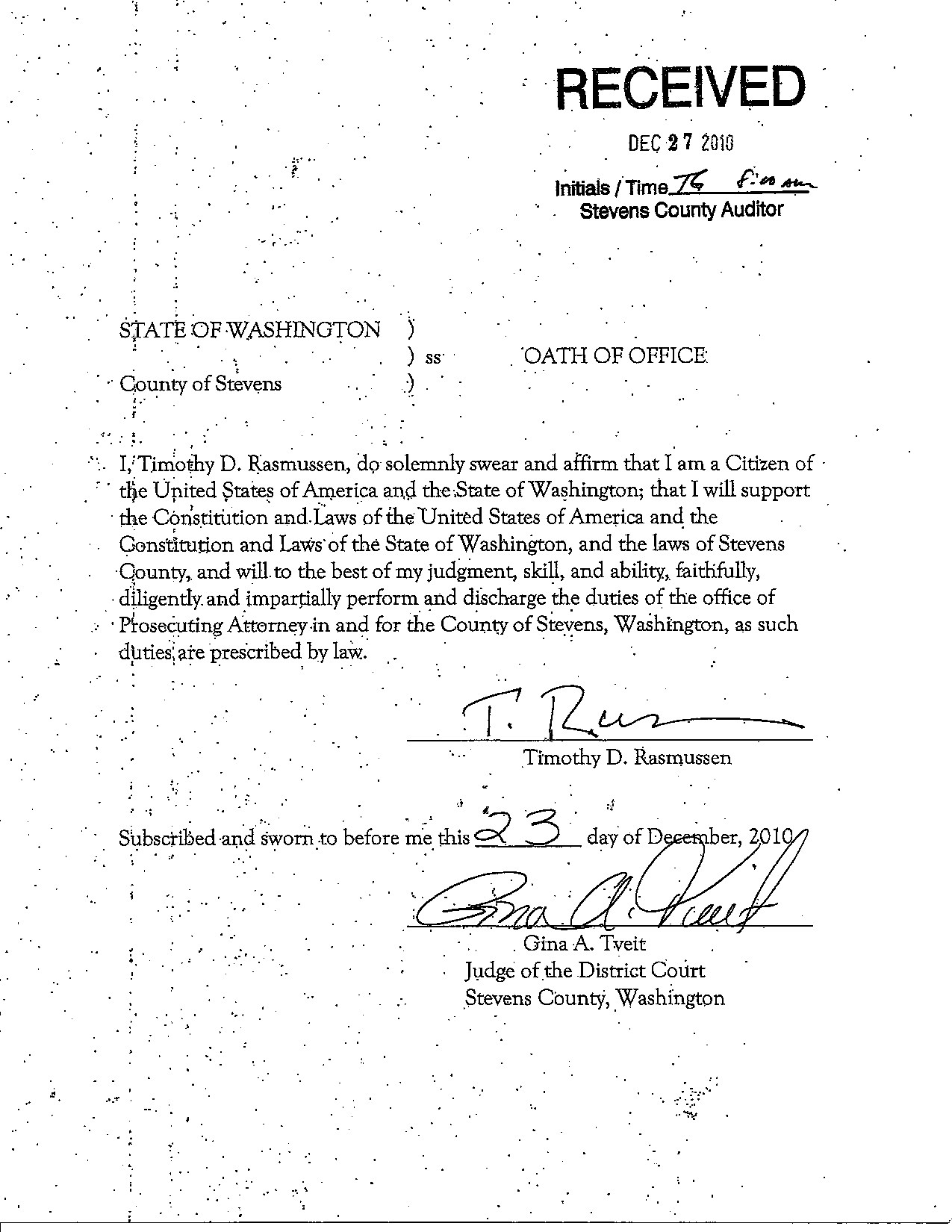 Stevens County, WA Auditor Fulfills Open Records Request on Oaths of