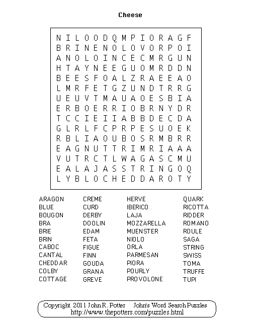 John',s Word Search Puzzles Cheese