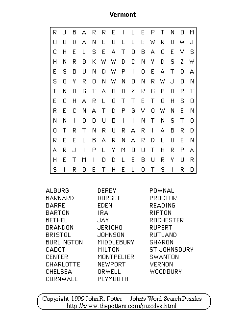 John's Word Search Puzzles Vermont