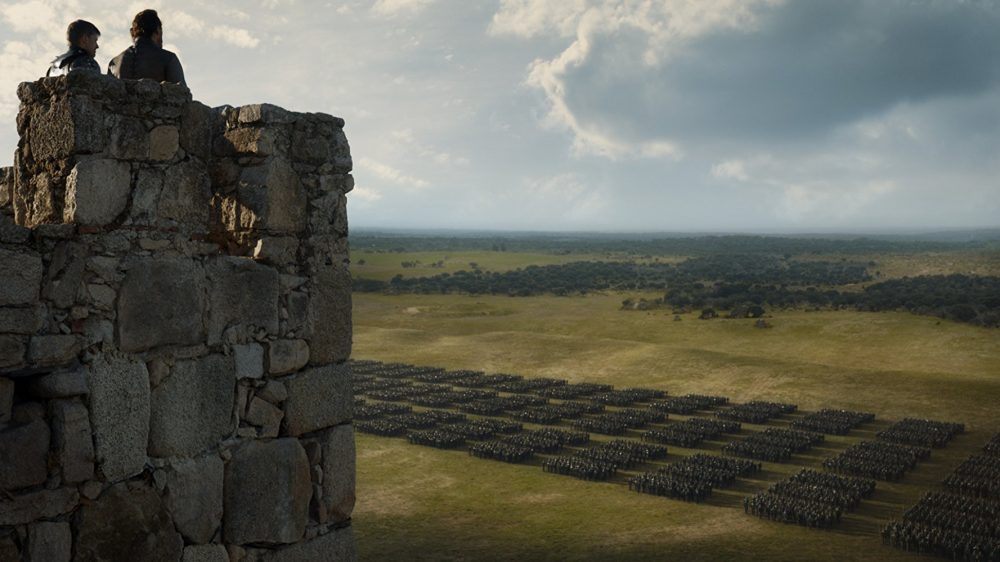 Bronn and Jaime look at the Unsullied and the Dothraki in 'The Dragon and the Wolf'