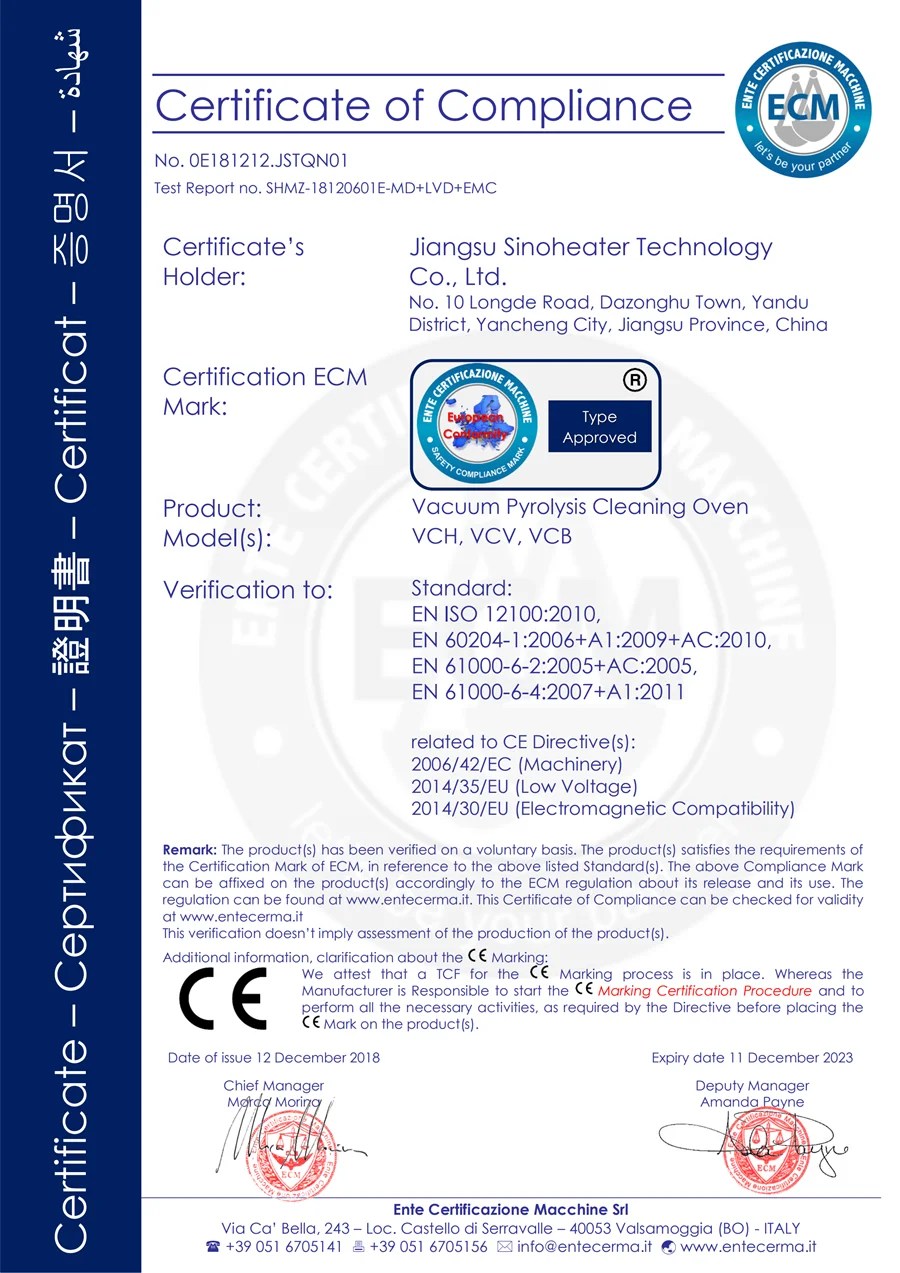 We just update our CE certificate for Vacuum pyrolysis cleaning ovens
