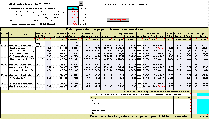 Calcul reseaux vapeur, canalisation, distribution, seche, humide, haute