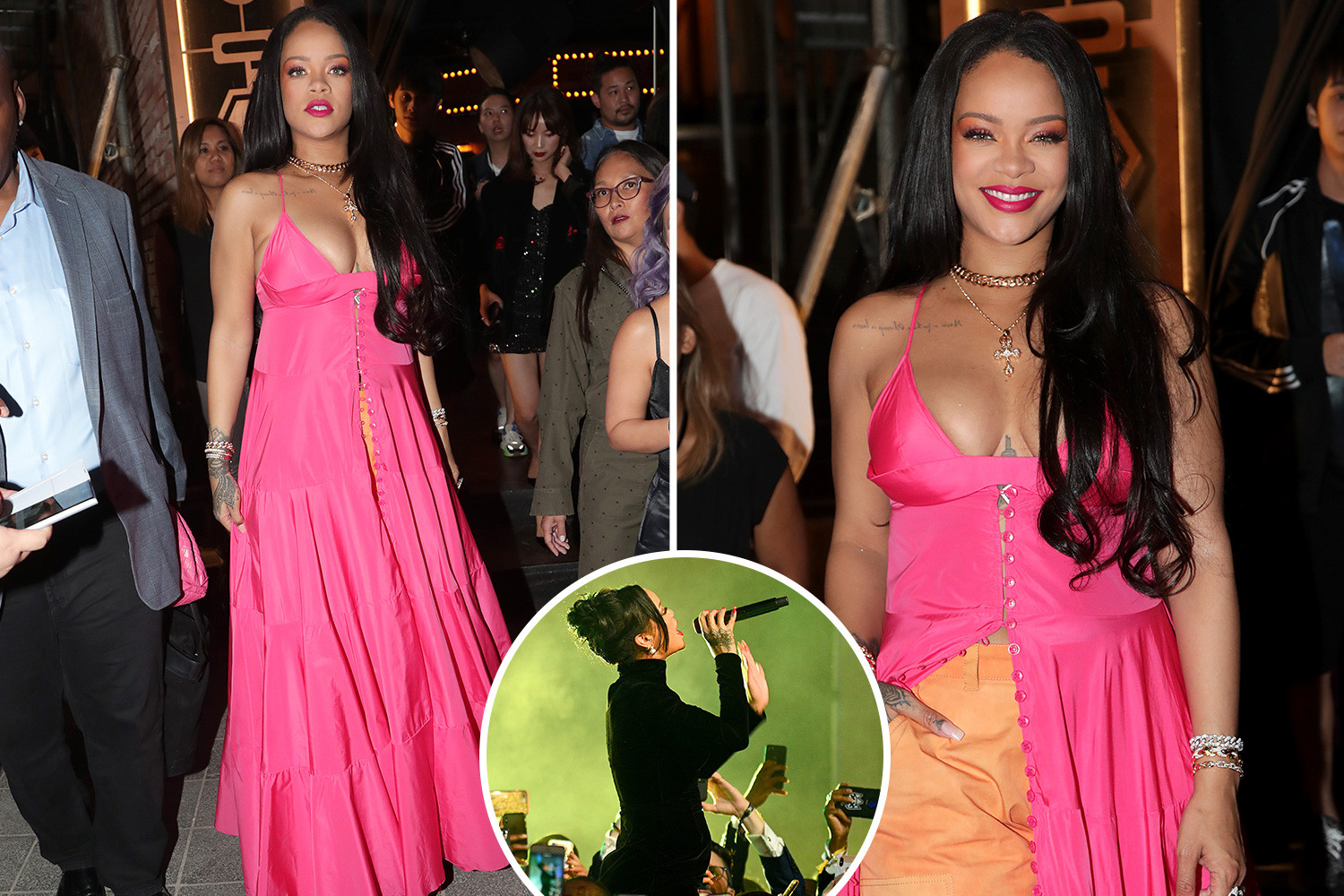 Rihanna looks incredible in plunging pink dress as she shows off flat