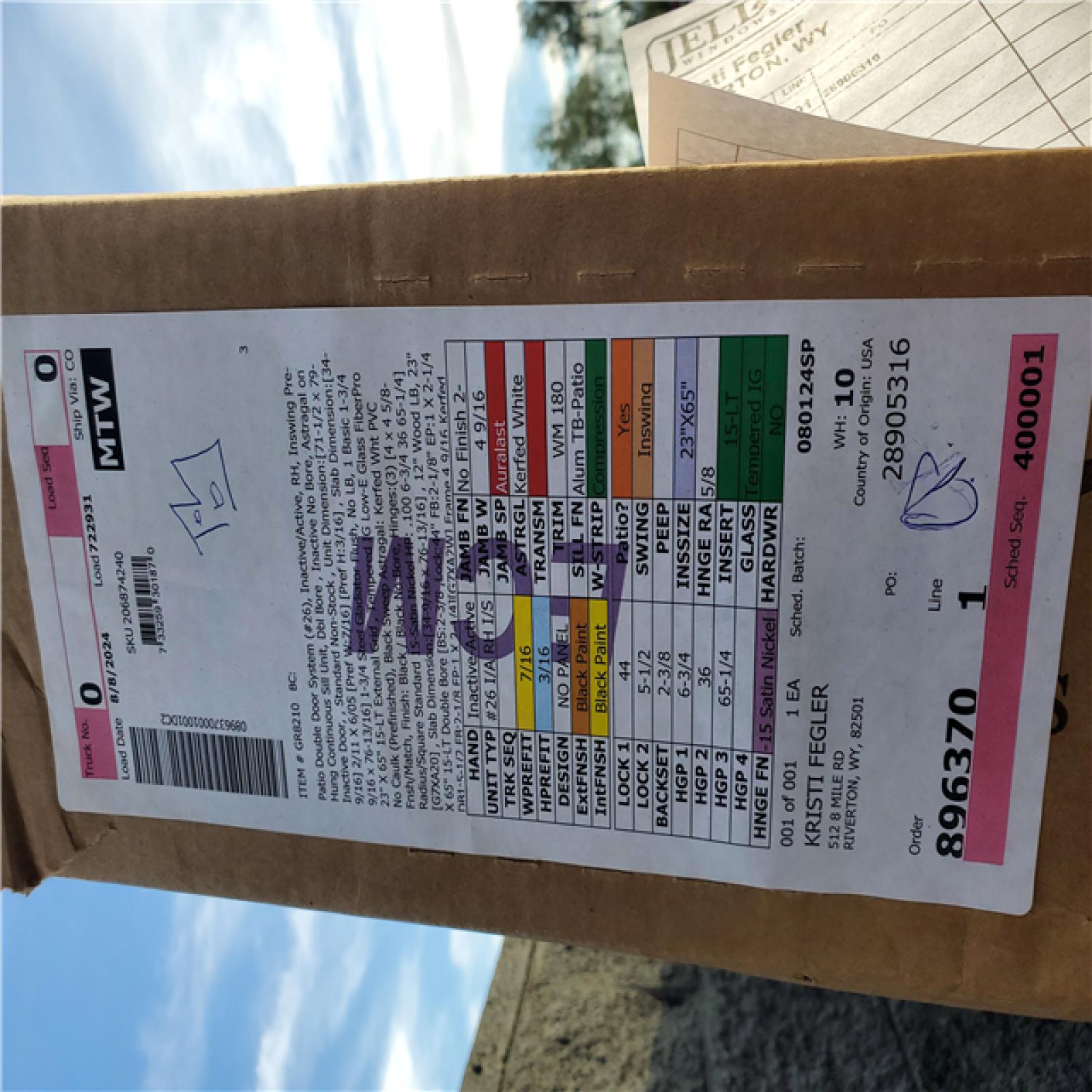 Phoenix Location New Jeld Wen 72 x 80 15 Lite Black Right Hand Inswing