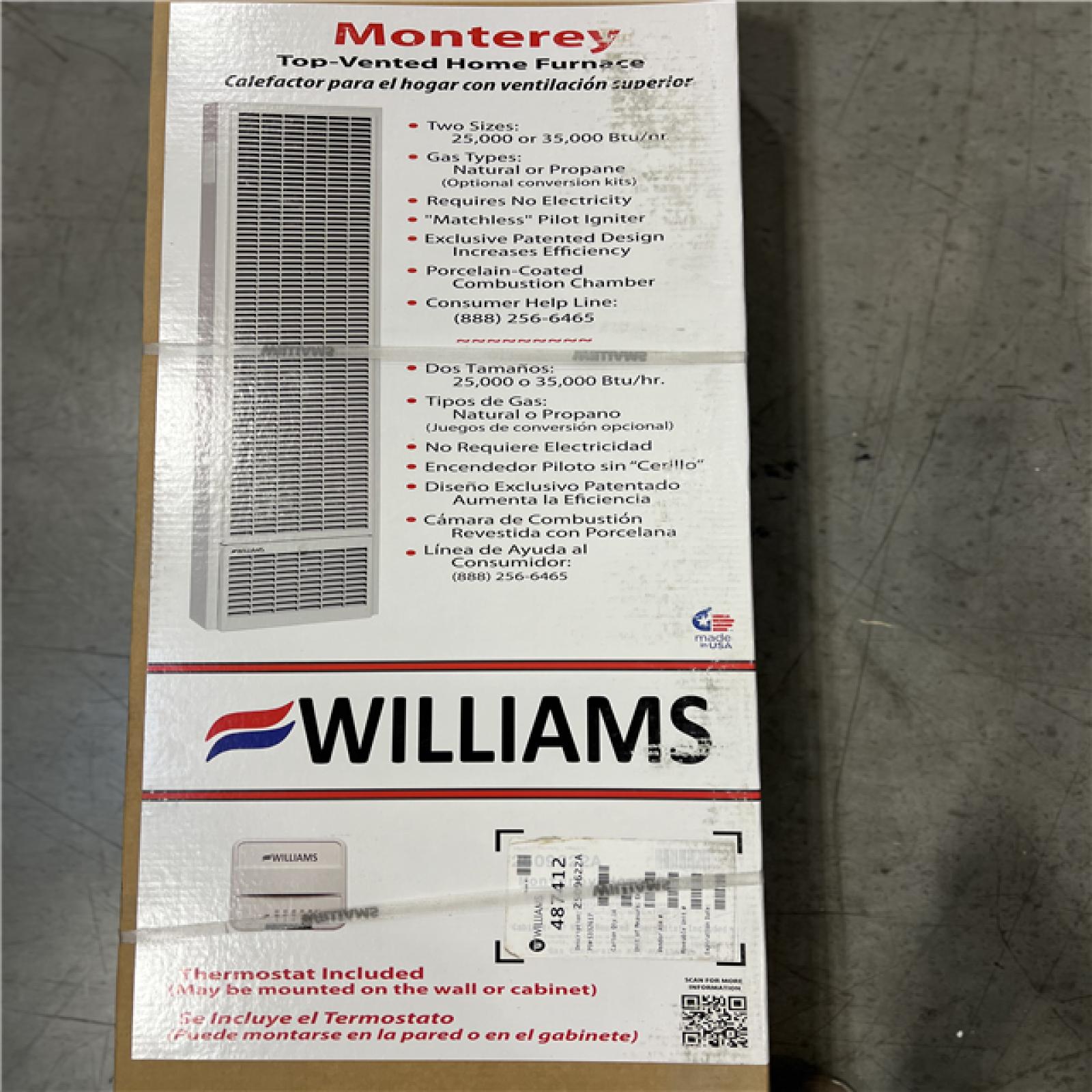 NEW! Williams 25,000 BTU/hr. Monterey TopVent Wall Furnace Natural