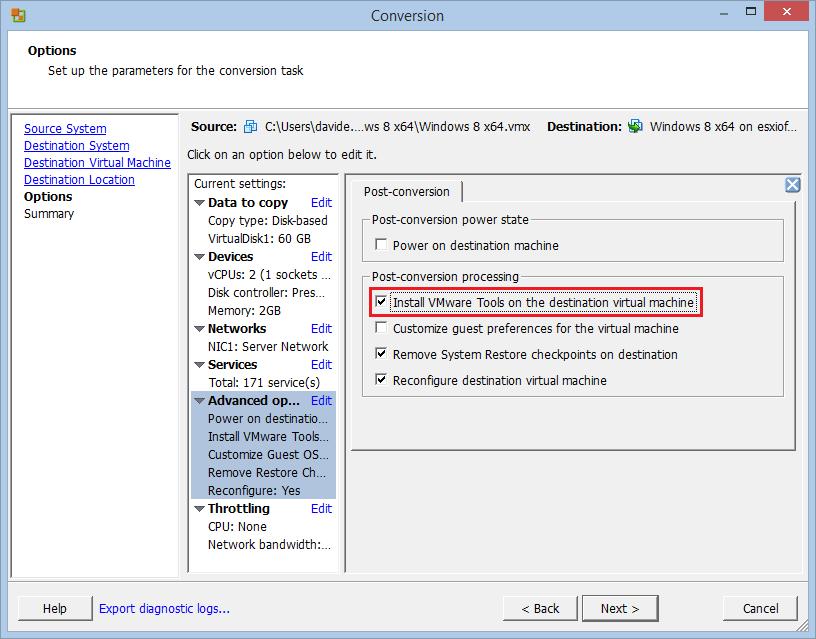 Convertire una VM VMware Workstation in una ESXi con vCenter Converter
