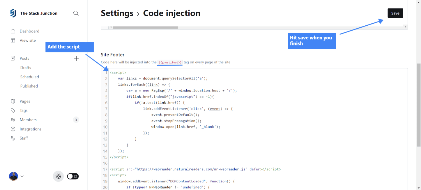 Make external links open in new tab Ghost CMS