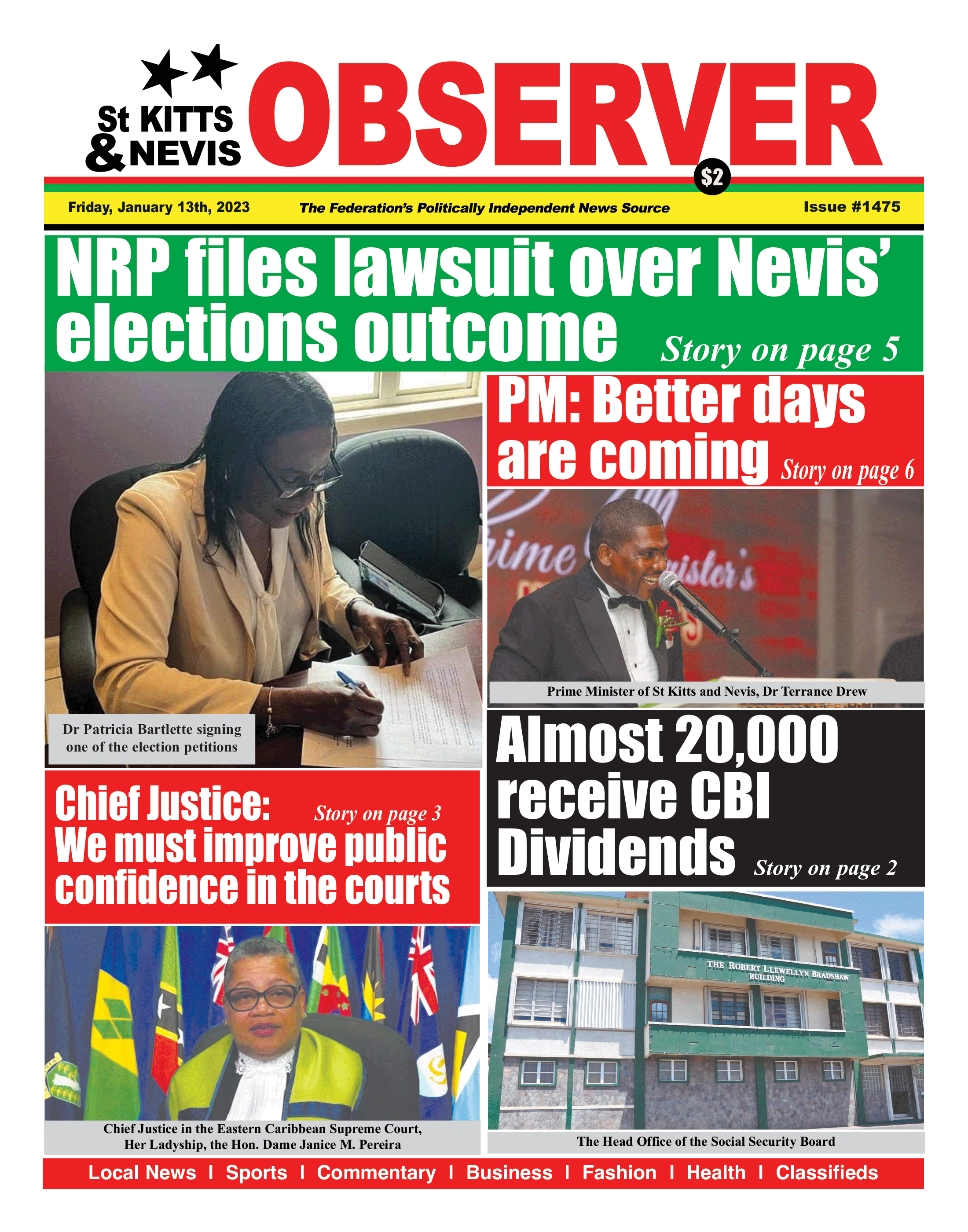 Newspaper Cover for 13th January, 2023 The St Kitts Nevis Observer