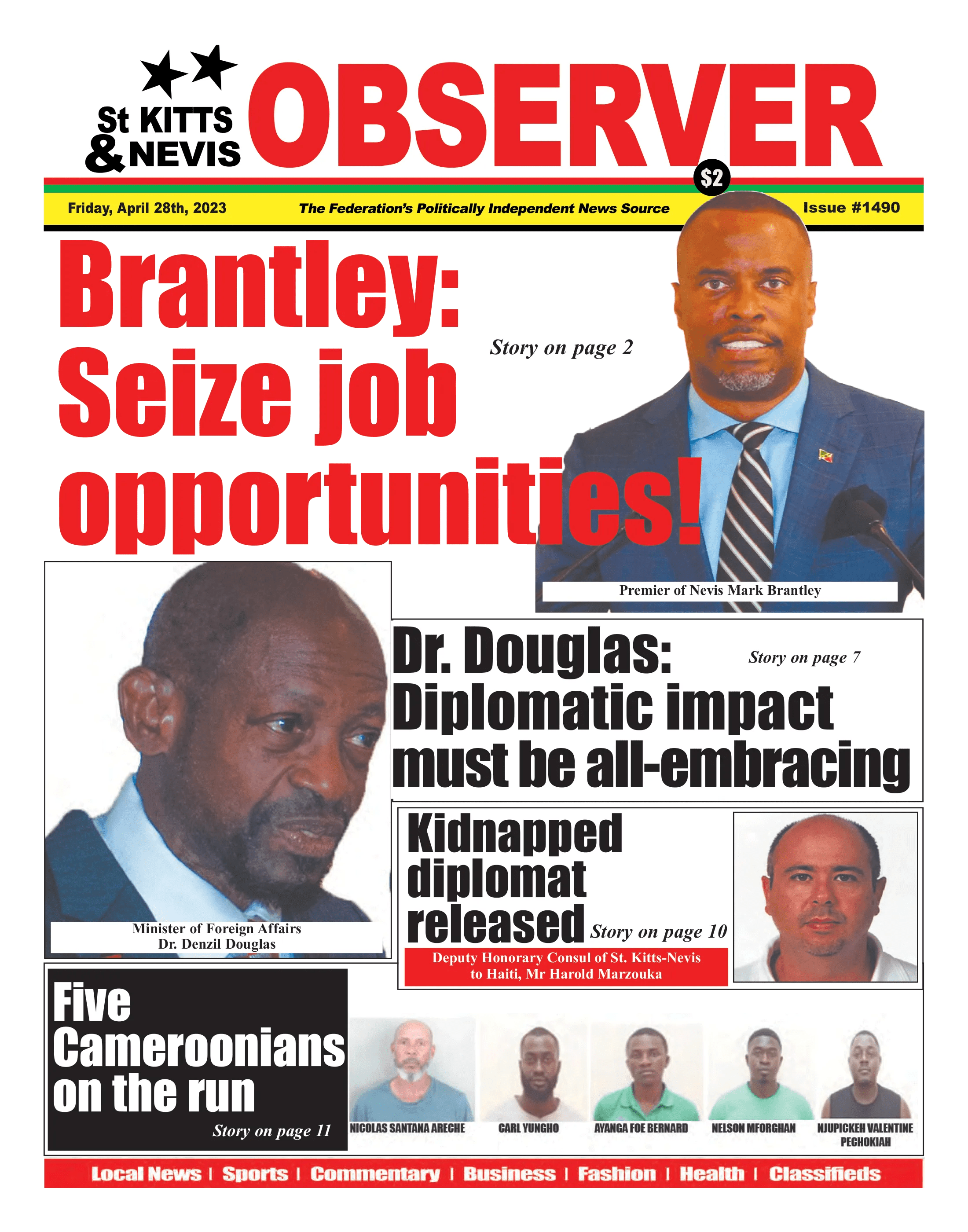 Newspaper Cover for 28th April, 2023 The St Kitts Nevis Observer