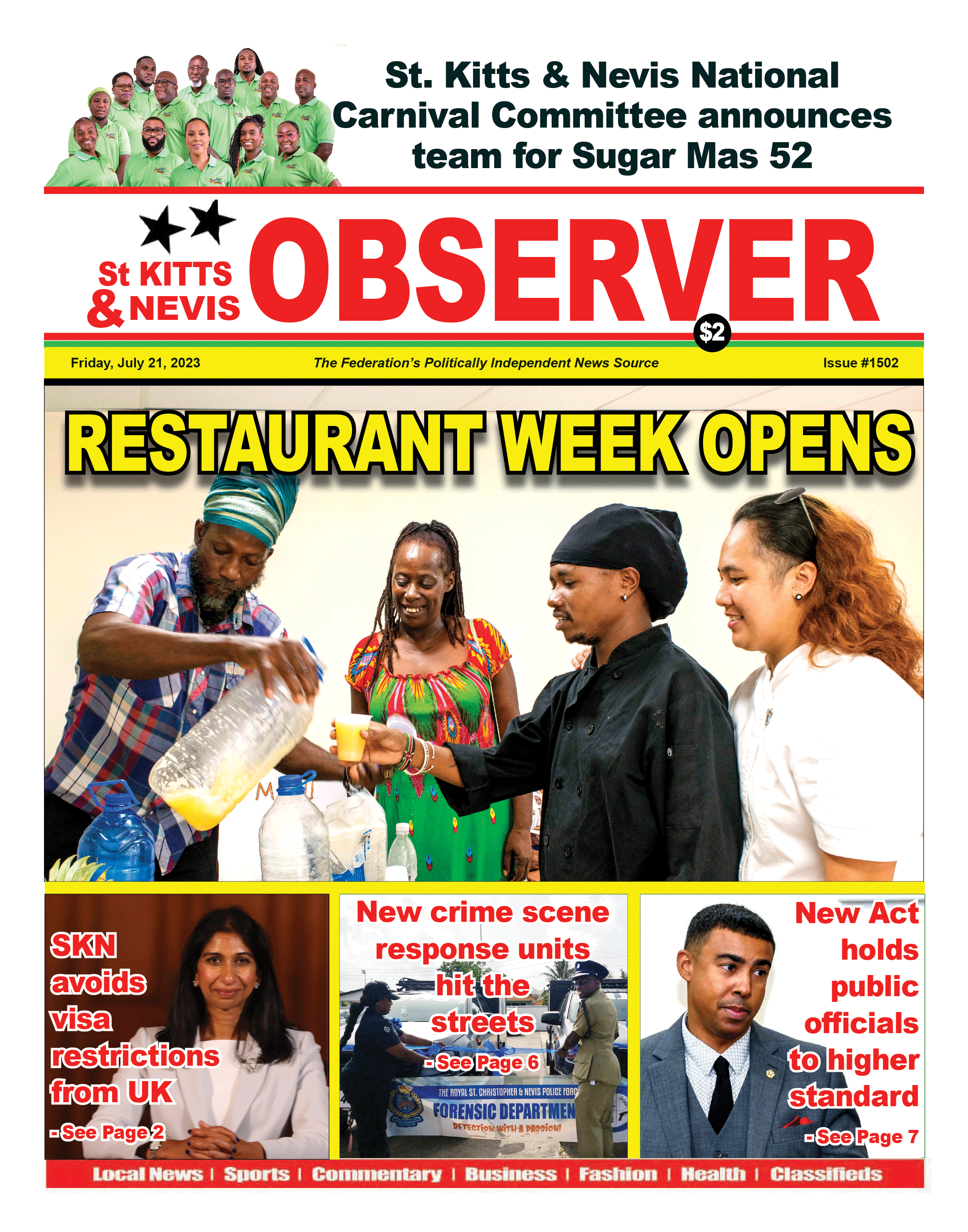 Newspaper Cover for 21st July, 2023 The St Kitts Nevis Observer