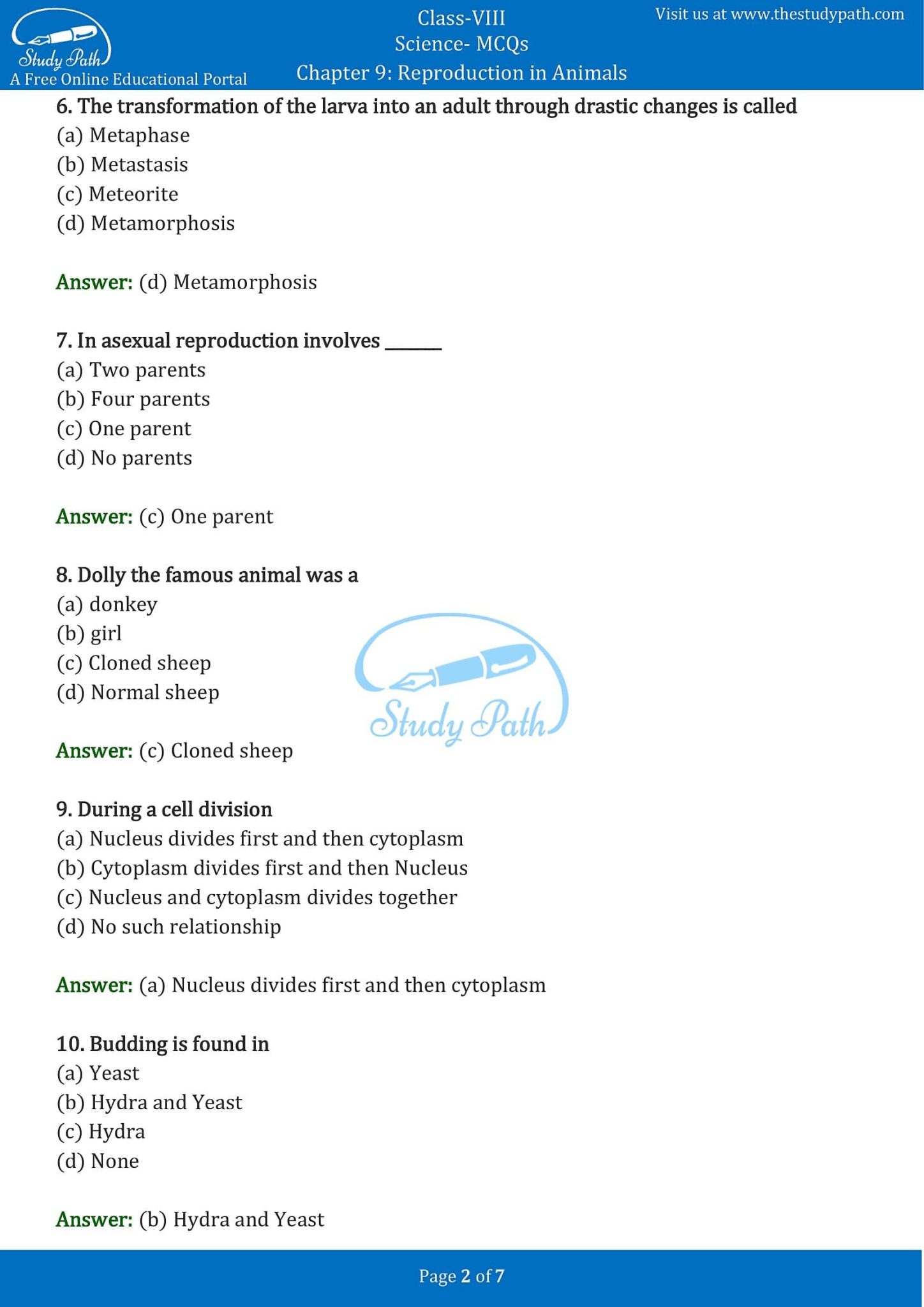 Class 8 Science Chapter 9 Reproduction in Animals MCQ with Answers