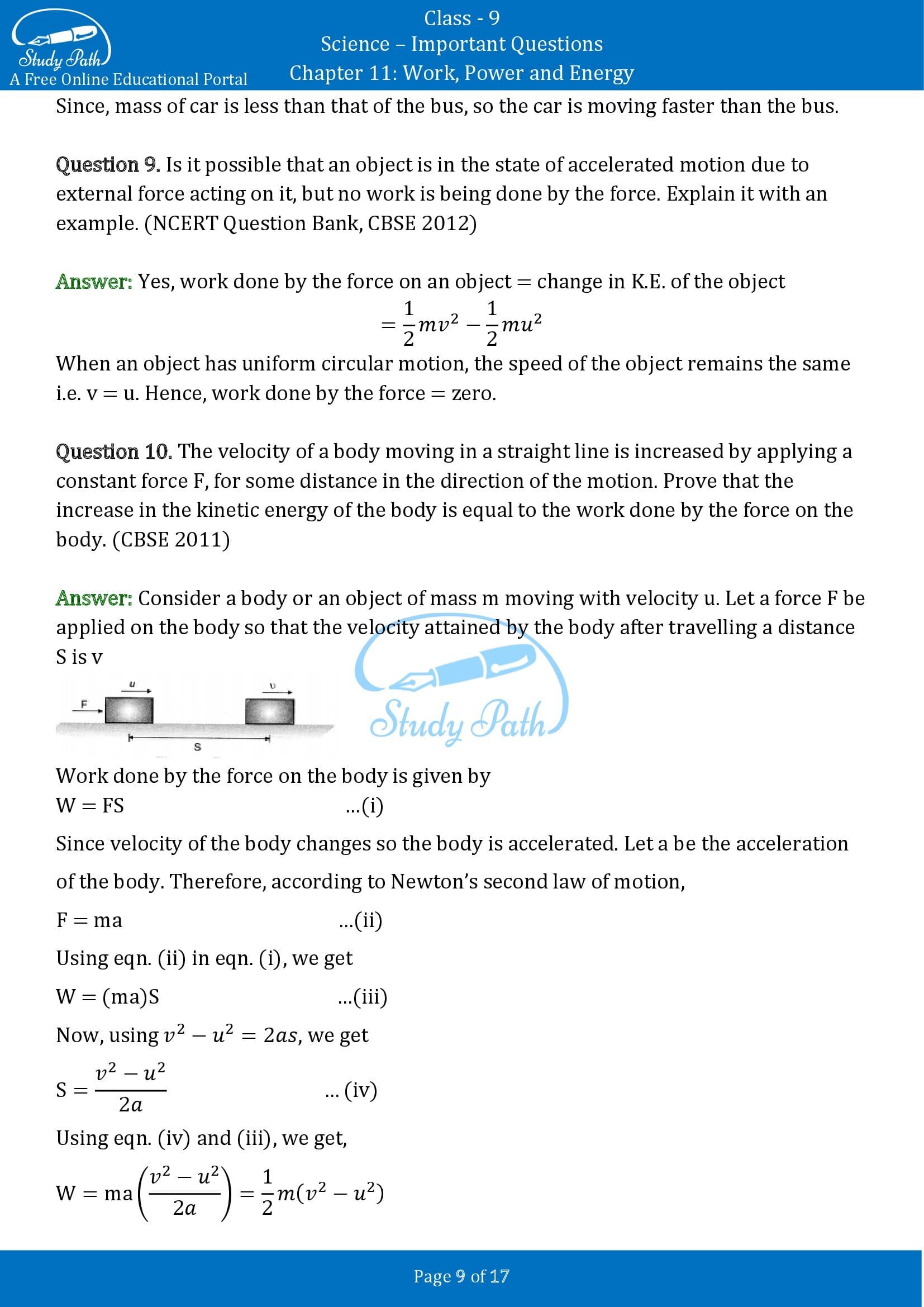 Important Questions for Class 9 Science Chapter 11 Work and Energy
