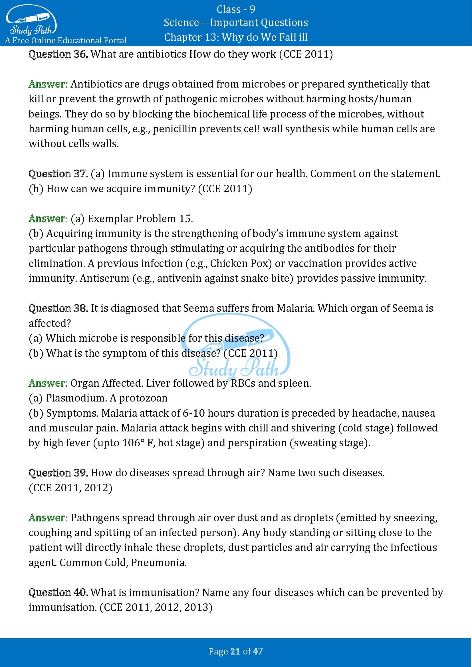 Important Questions for Class 9 Science Chapter 13 Why Do We Fall ill