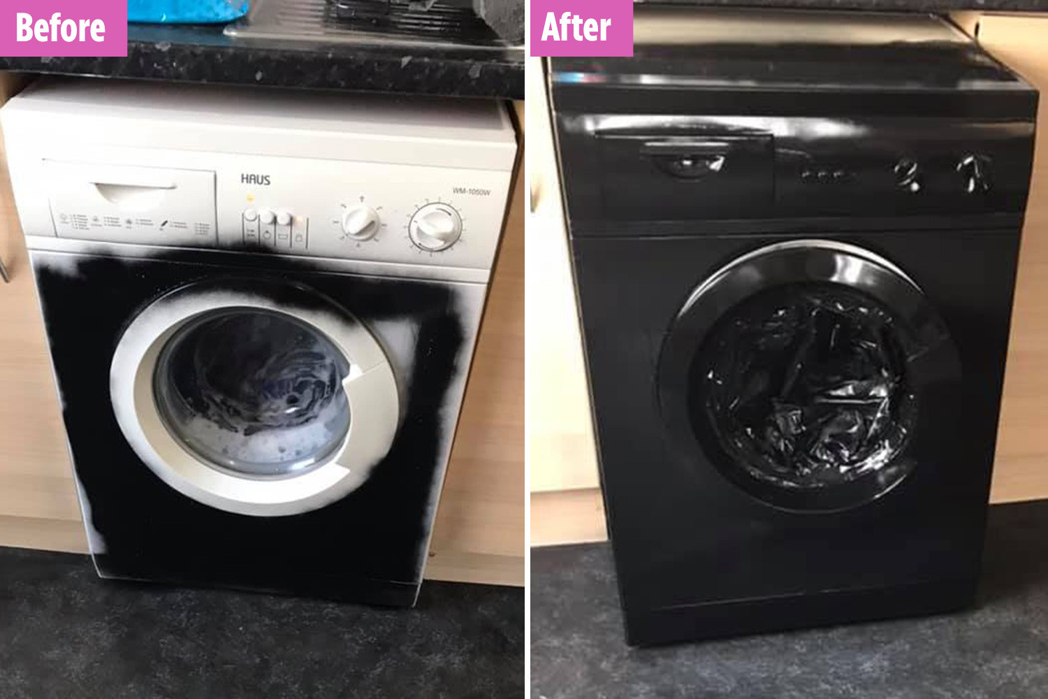 Woman transforms her tired looking washing machine with black spray