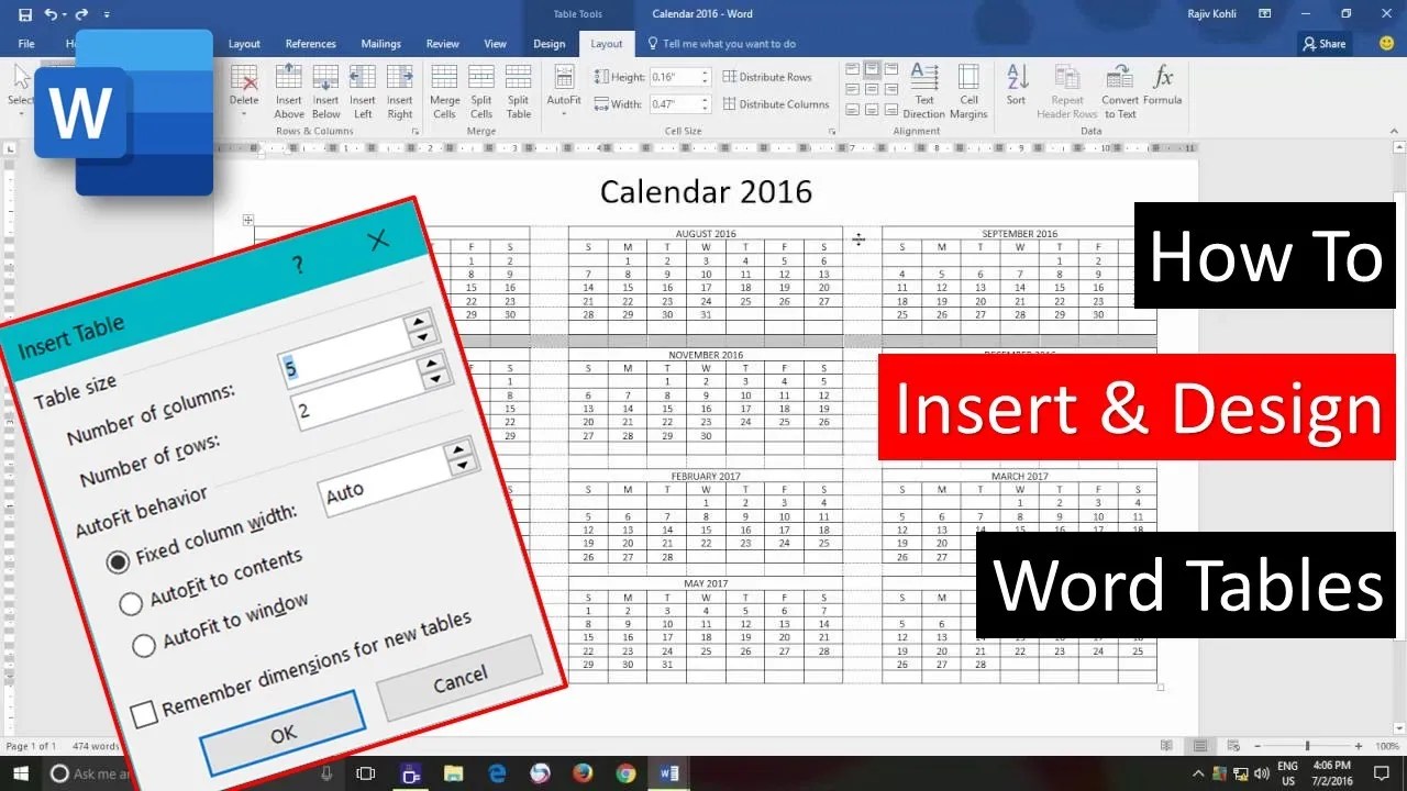 How to Insert Tables in Microsoft Word Tutorial Yearly Calendar Design