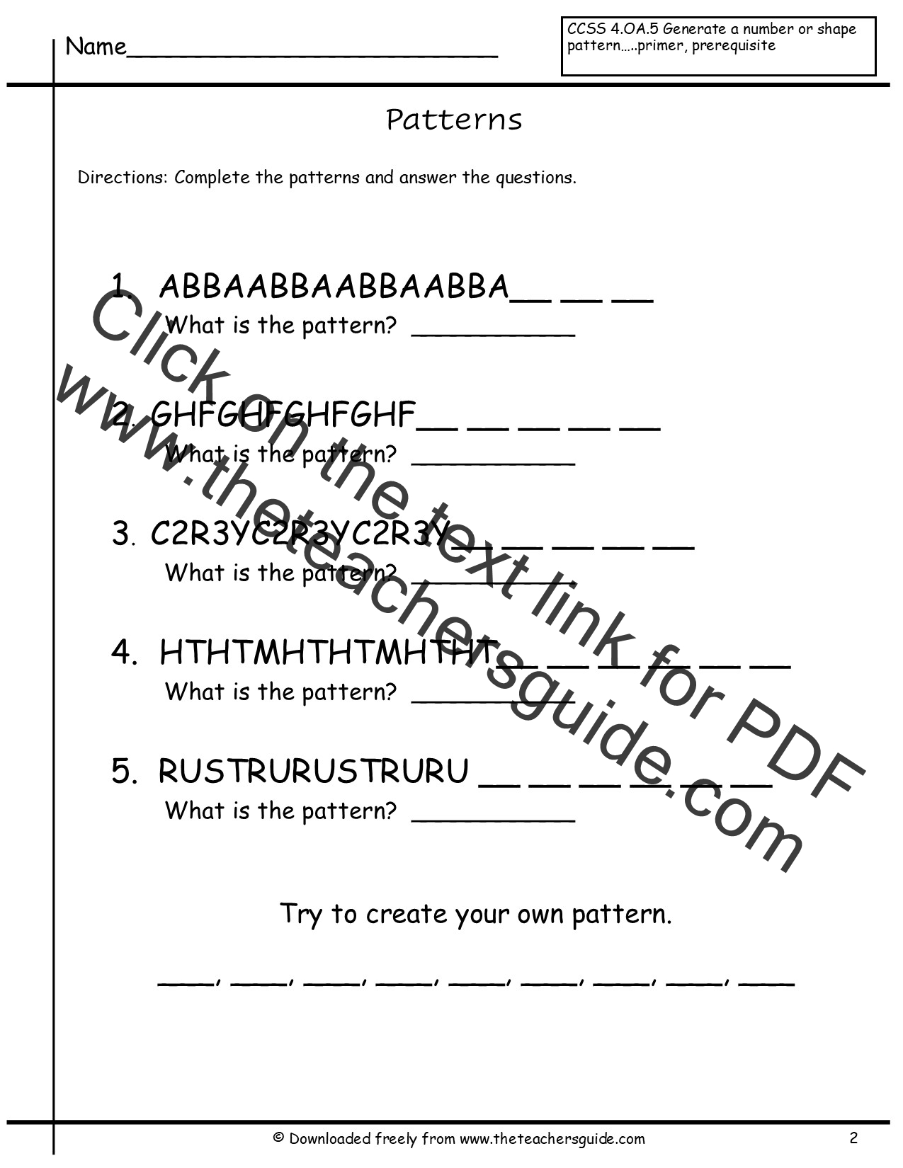 Patterns Worksheets from The Teacher's Guide