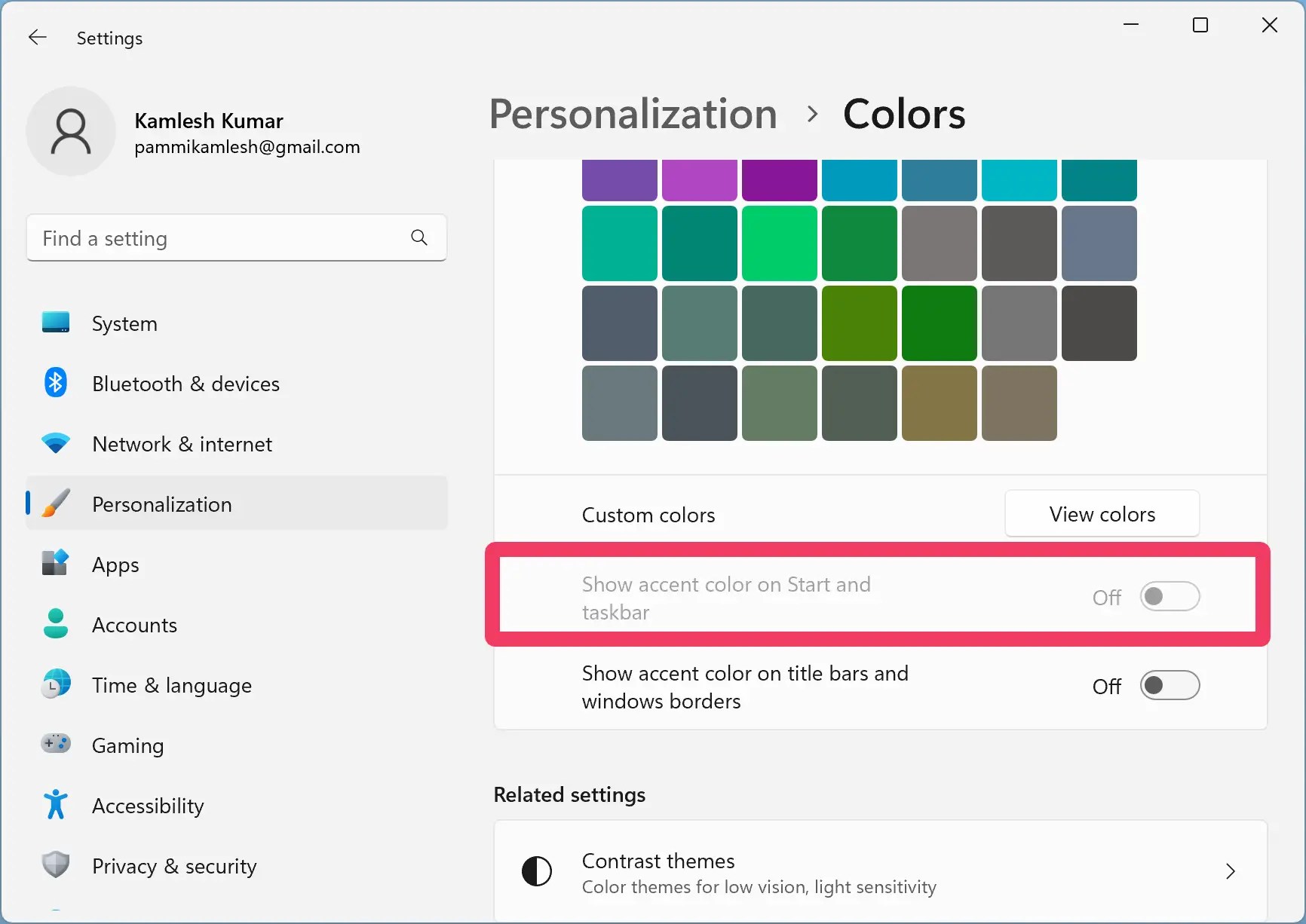 Is the “Show Accent Color on Start and Taskbar” Option Disabled on