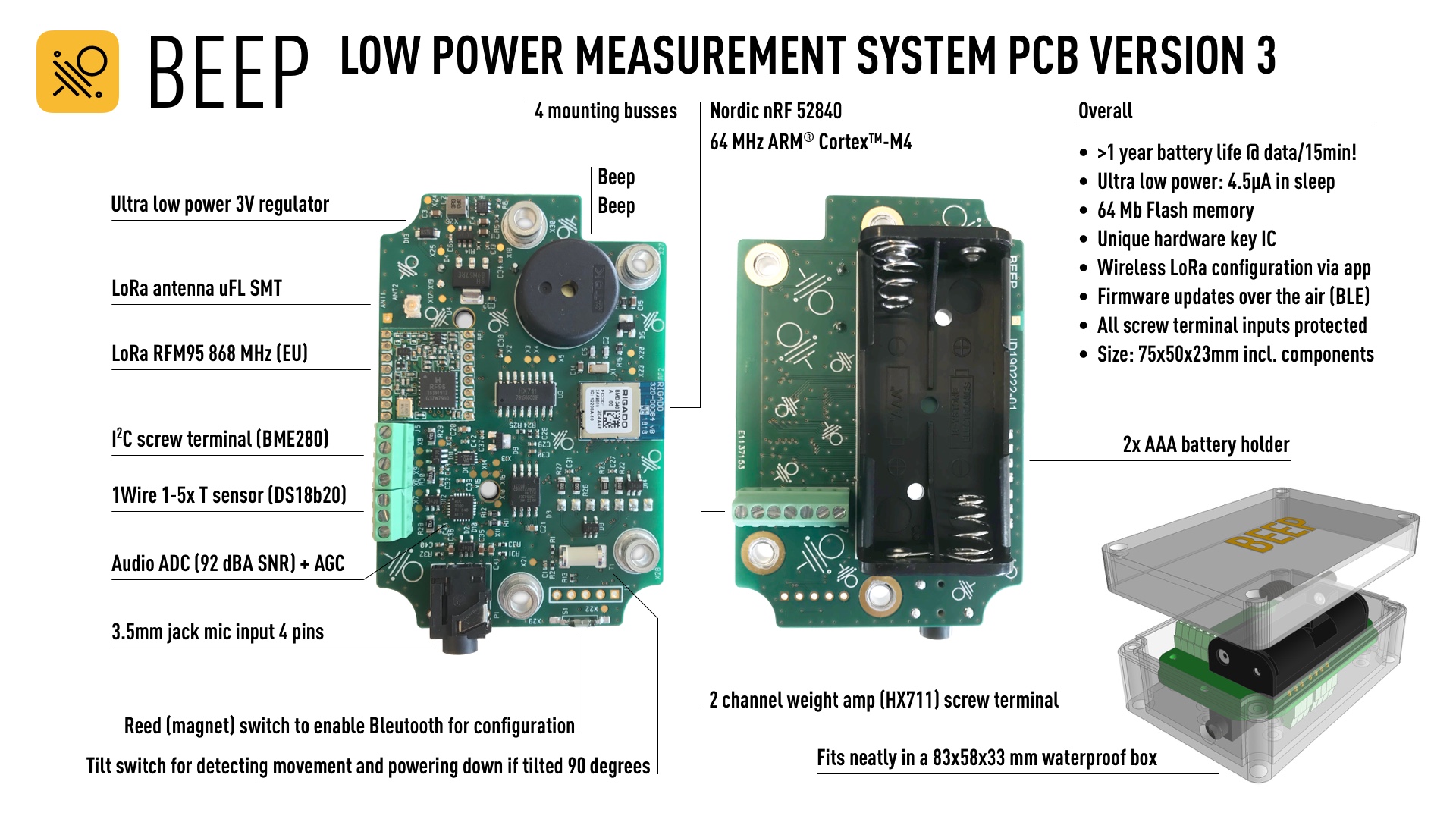 BEEP base V3 hive measurement system with nRF52840 / HX711 / LoRa
