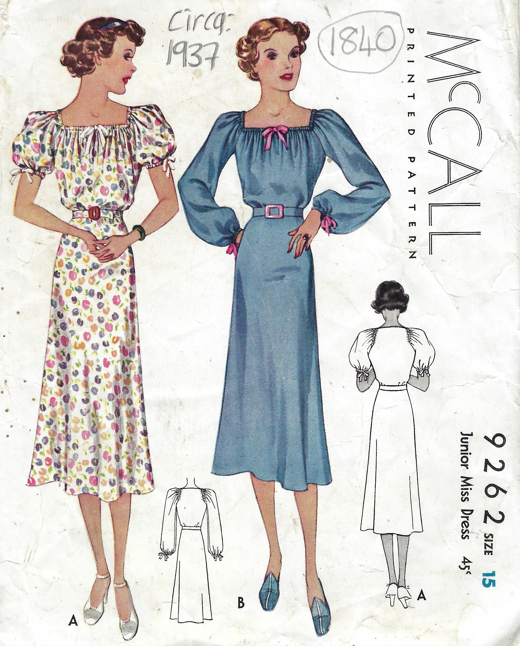 1937 Vintage Sewing Pattern B33" DRESS (1840) McCall 9262