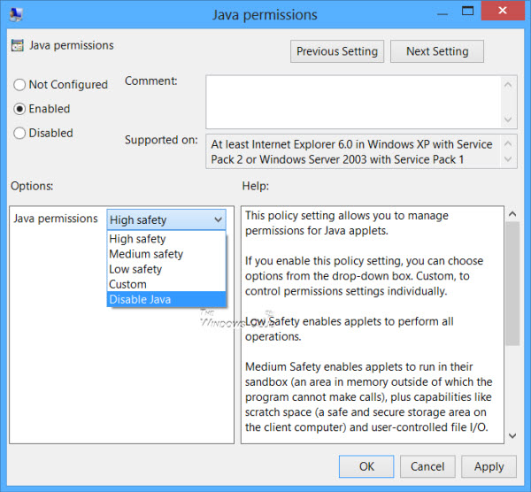 Disable or Change Java Permissions using Group Policy Editor