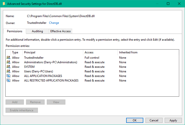 Restore TrustedInstaller as Owner & its Permissions to default in Windows