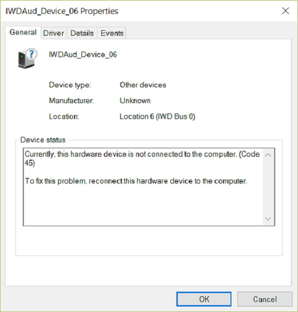 This hardware device is not connected to the computer (Code 45)
