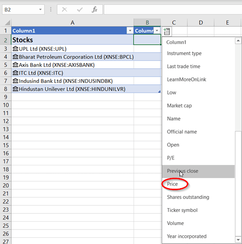Get realtime Stock Prices in Excel using Stock Quote