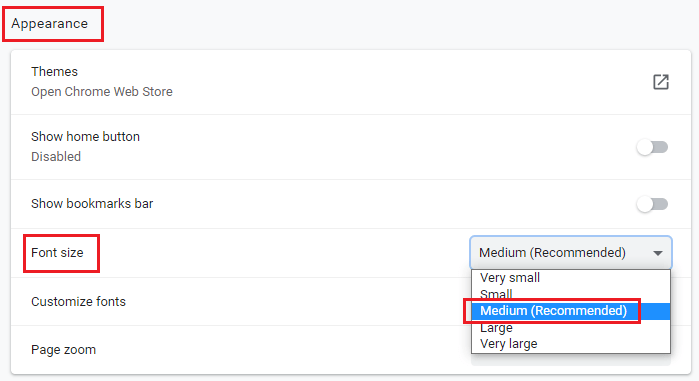 How to change the default font size in Google Chrome browser