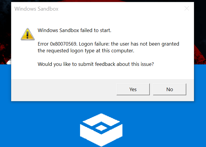 Windows Sandbox failed to start, Error 0x80070569