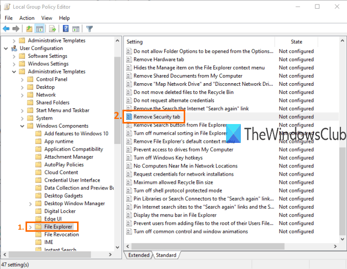 Add or remove Security tab from File Explorer in Windows 11/10