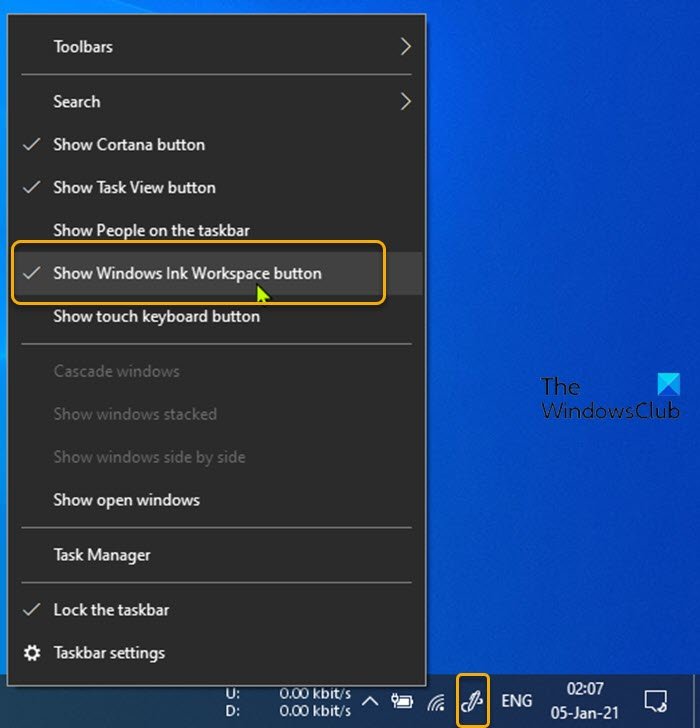 Hide or Show Windows Ink Workspace Button on Taskbar