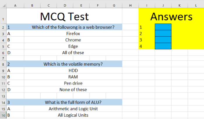 How to create a Quiz in Excel