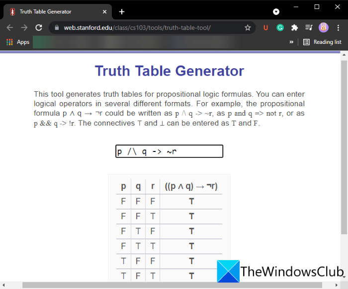 standford how to generate truth table windows 11 10 2