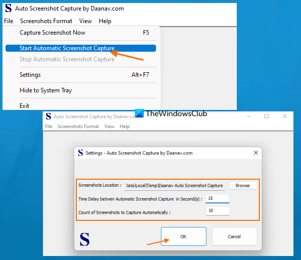 Auto take screenshots at regular intervals in Windows 11/10