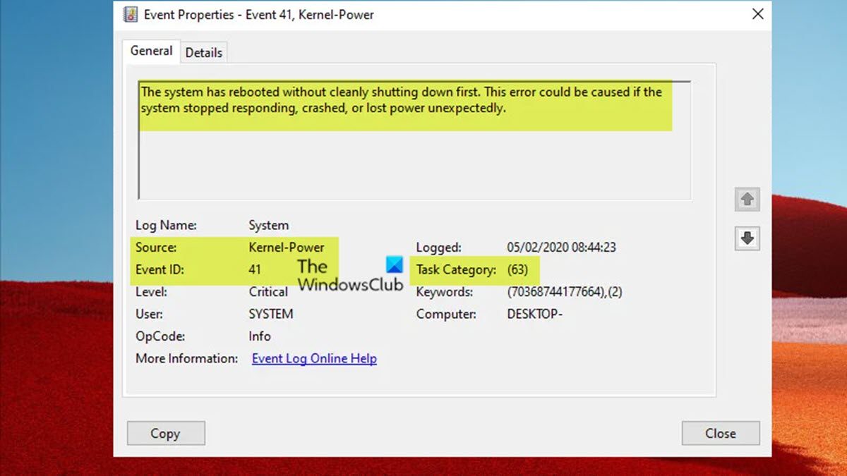 System has rebooted without cleanly shutting down, Event ID 41