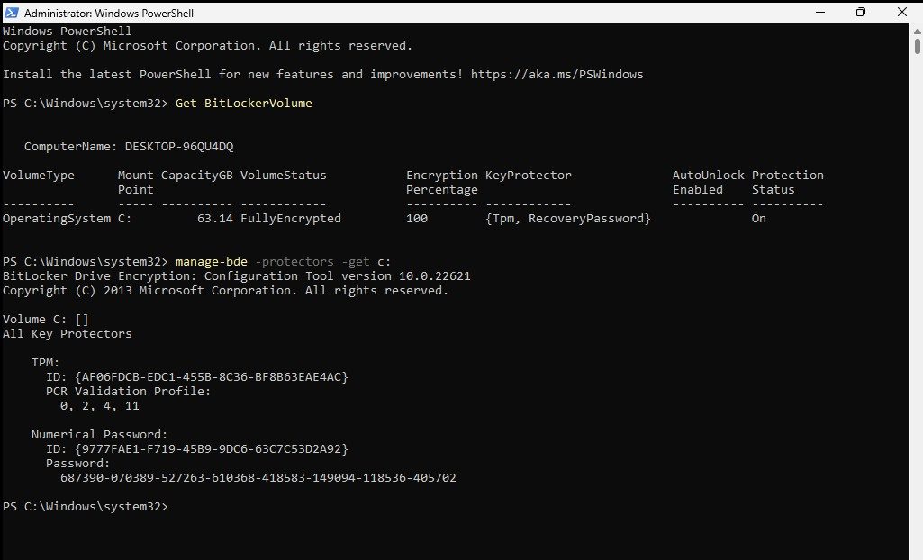 How to get Bitlocker Recovery Key from CMD without Microsoft Account