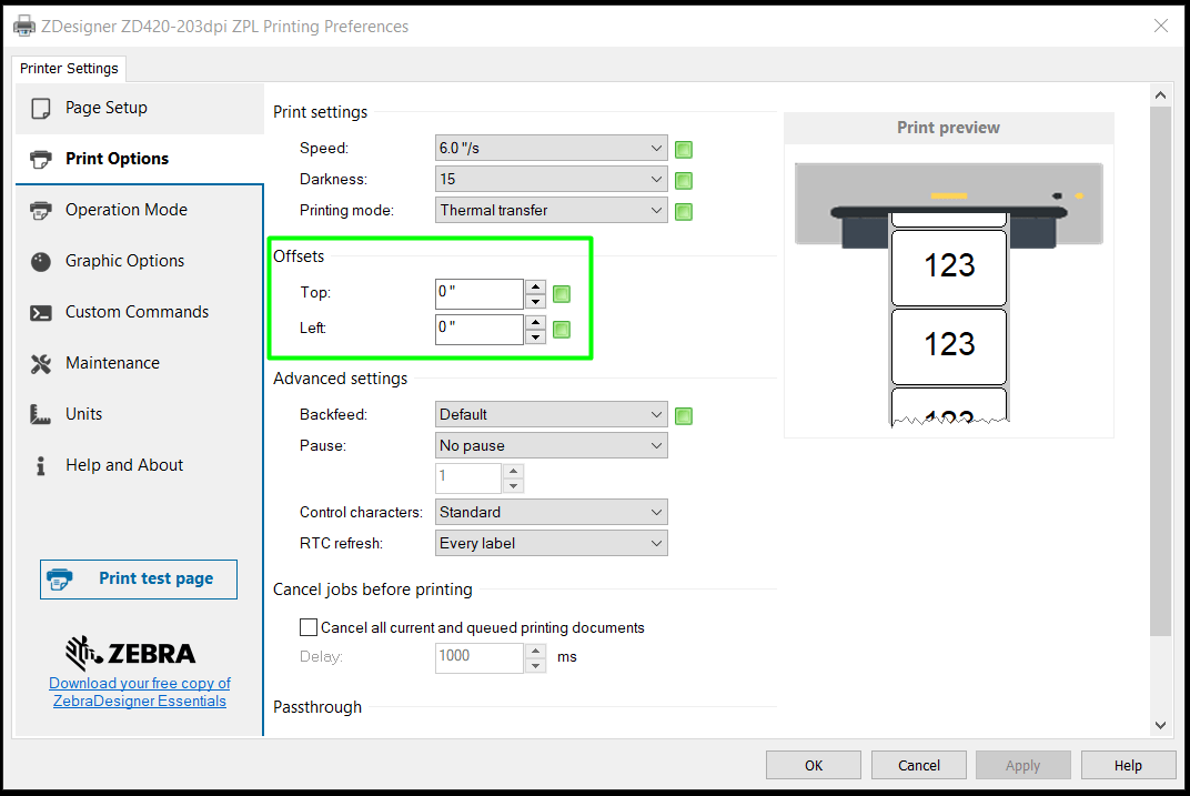 Printers Configure the label offset